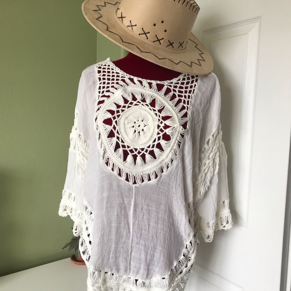 White Macramé silky Boho Top Festival Beach Swimsuit Cover XS.